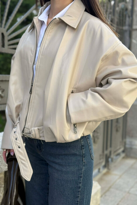 ONE COLOR SIMPLE LEATHER WOMEN JACKET BEIGE/BEZHE - 6