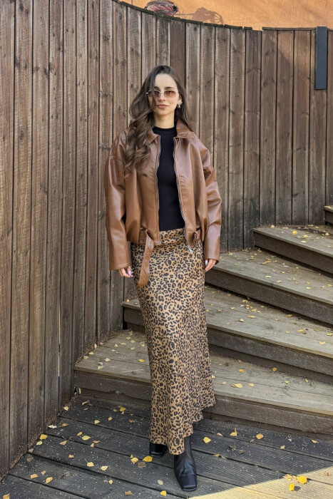 ONE COLOR SIMPLE LEATHER WOMEN JACKET BROWN/KAFE 