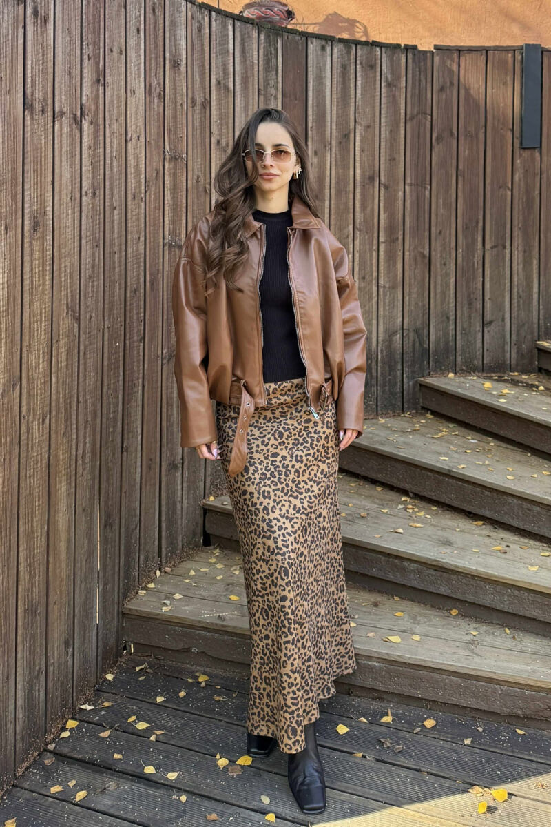 ONE COLOR SIMPLE LEATHER WOMEN JACKET BROWN/KAFE - 1