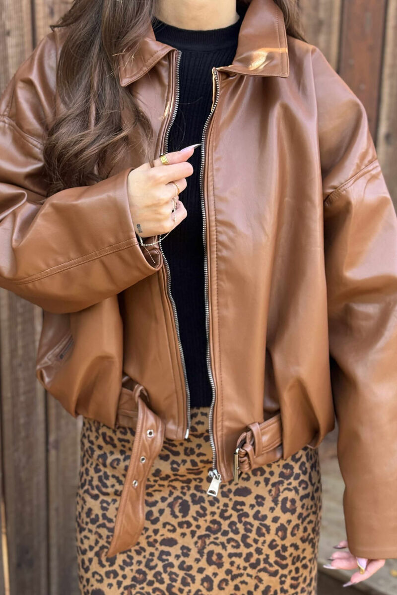 ONE COLOR SIMPLE LEATHER WOMEN JACKET BROWN/KAFE - 2