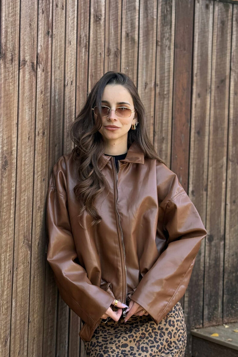 ONE COLOR SIMPLE LEATHER WOMEN JACKET BROWN/KAFE - 3