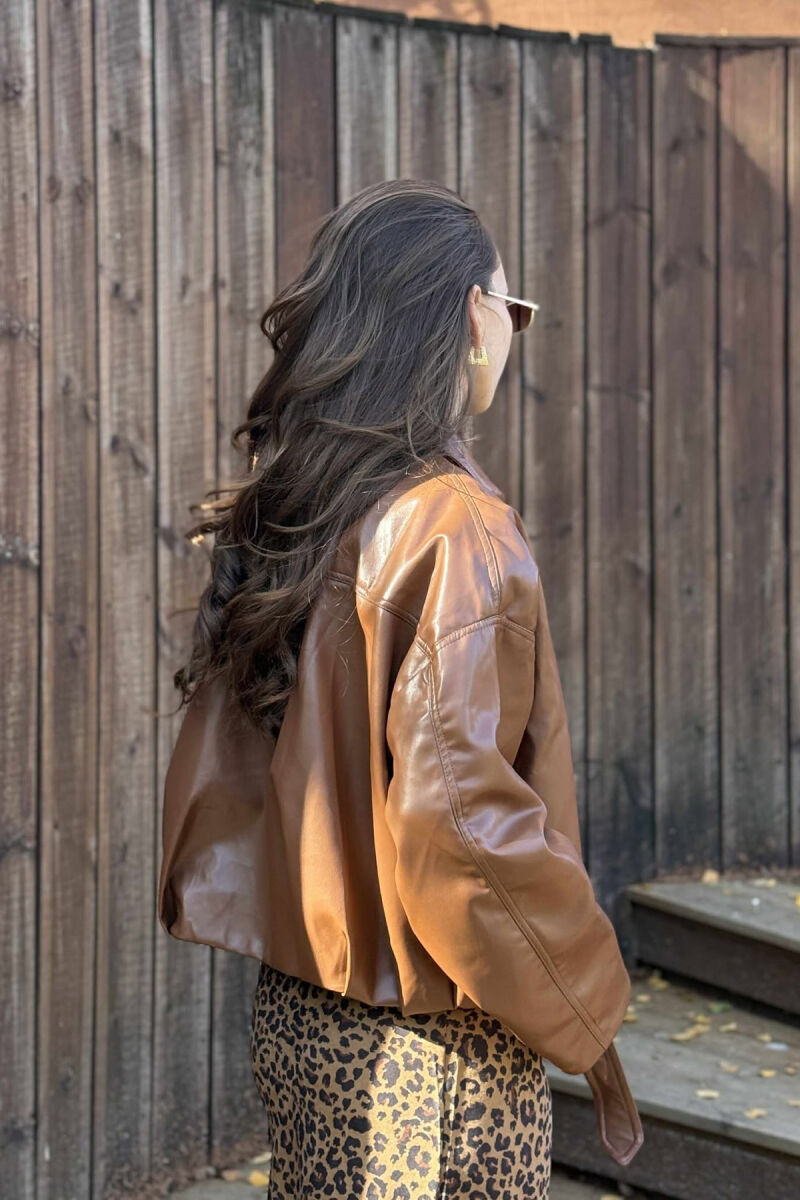 ONE COLOR SIMPLE LEATHER WOMEN JACKET BROWN/KAFE - 4