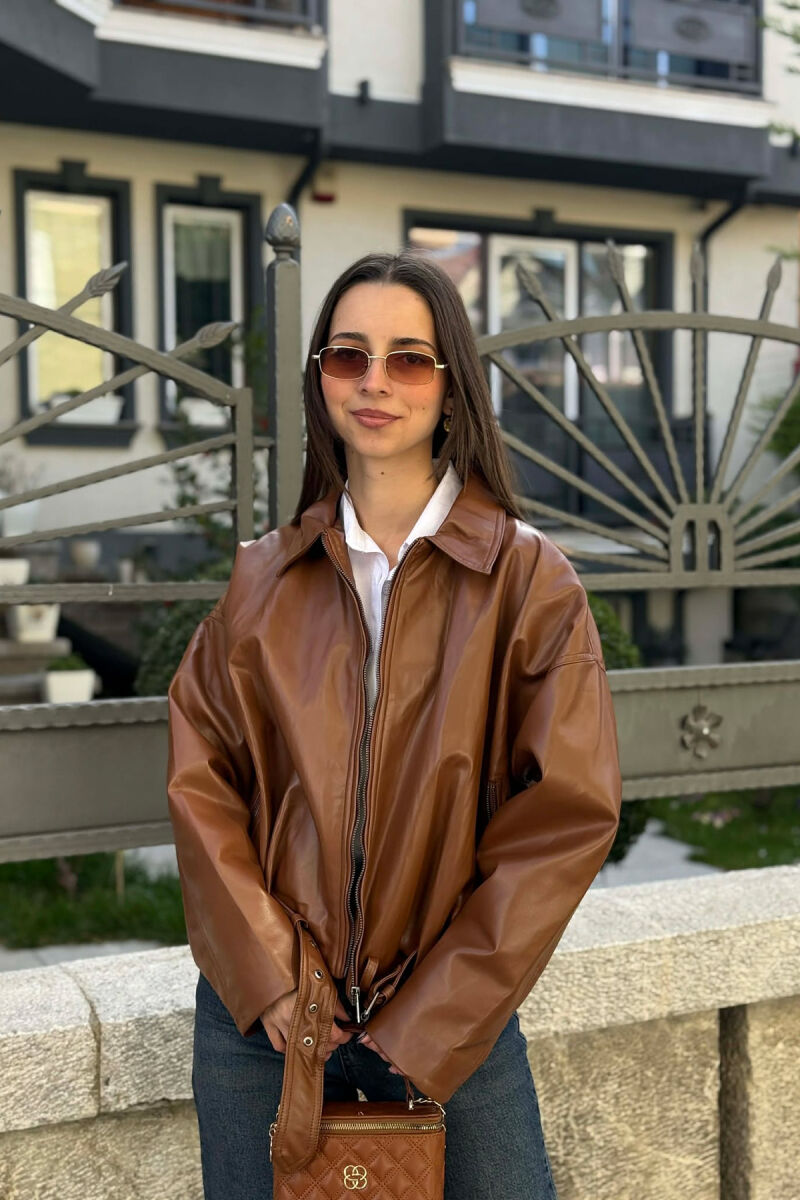 ONE COLOR SIMPLE LEATHER WOMEN JACKET BROWN/KAFE - 1