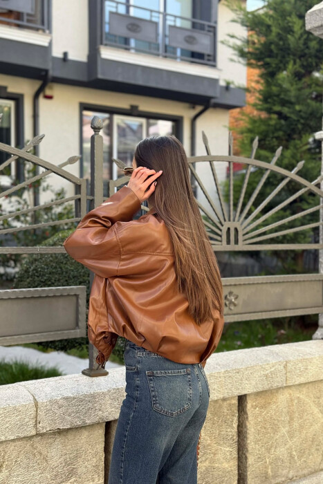 ONE COLOR SIMPLE LEATHER WOMEN JACKET BROWN/KAFE - 2