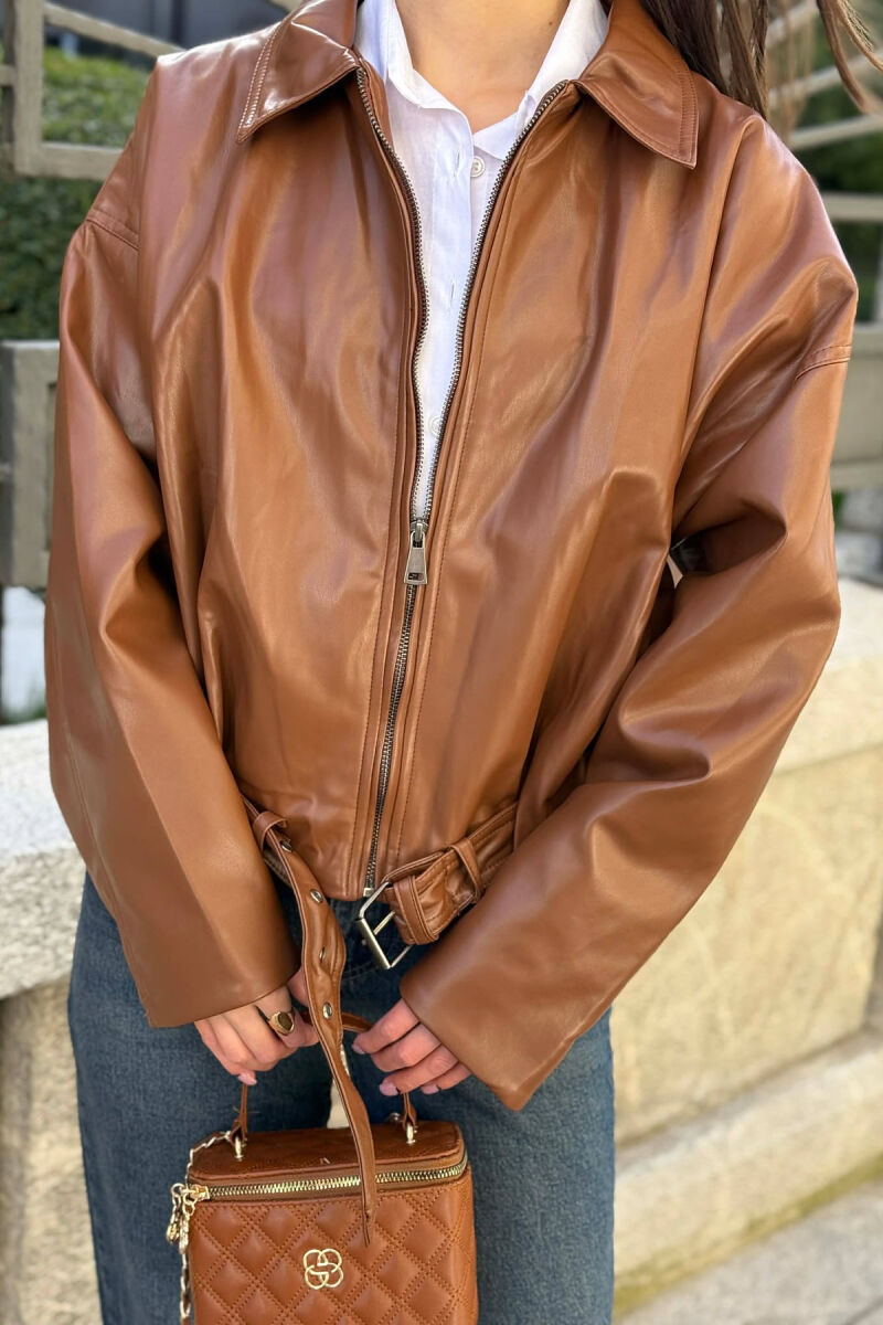 ONE COLOR SIMPLE LEATHER WOMEN JACKET BROWN/KAFE - 3