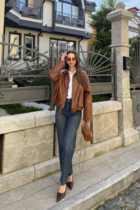 ONE COLOR SIMPLE LEATHER WOMEN JACKET BROWN/KAFE - 4