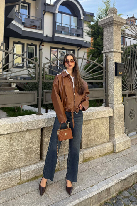 ONE COLOR SIMPLE LEATHER WOMEN JACKET BROWN/KAFE - 5