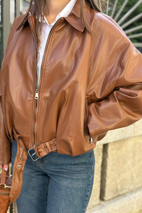 ONE COLOR SIMPLE LEATHER WOMEN JACKET BROWN/KAFE - 6