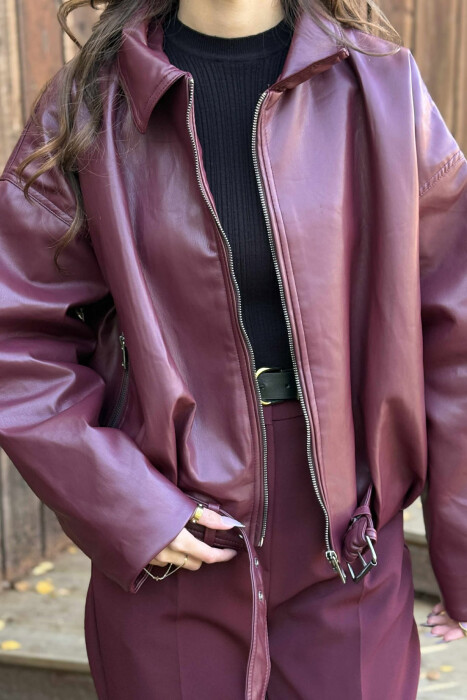 ONE COLOR SIMPLE LEATHER WOMEN JACKET BURGUNDY/VISHNJE - 2