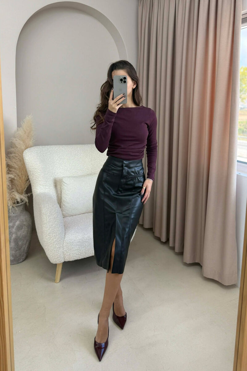 ONE COLOR SIMPLE LEATHER WOMEN SKIRT BLACK/ E ZEZE - 2