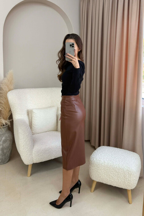 ONE COLOR SIMPLE LEATHER WOMEN SKIRT BROWN/KAFE - 2