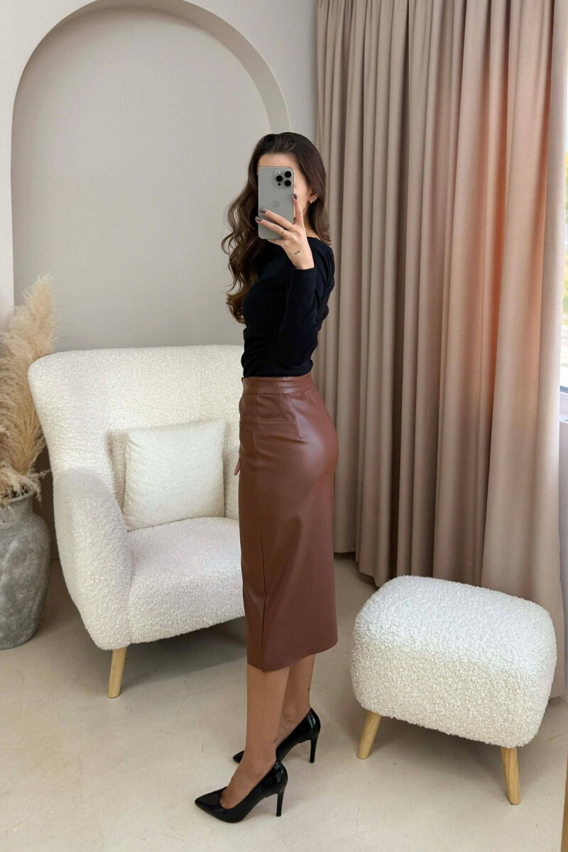 ONE COLOR SIMPLE LEATHER WOMEN SKIRT BROWN/KAFE - 2