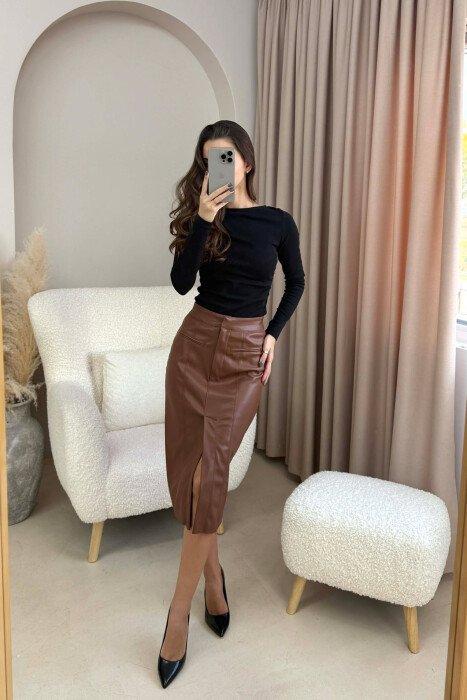 ONE COLOR SIMPLE LEATHER WOMEN SKIRT BROWN/KAFE - 3
