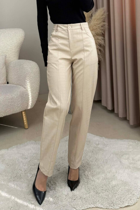 ONE COLOR SIMPLE LEATHER WOMEN TROUSERS CREAM/KREM - 1