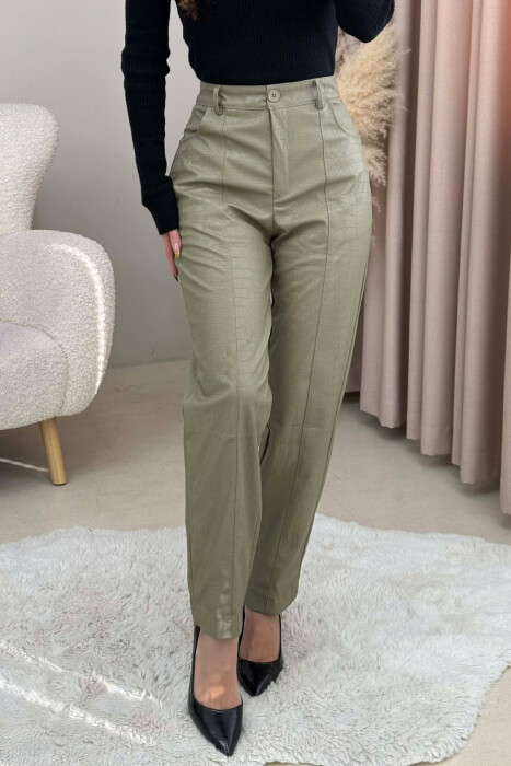 ONE COLOR SIMPLE LEATHER WOMEN TROUSERS OLIVE/ULLI 