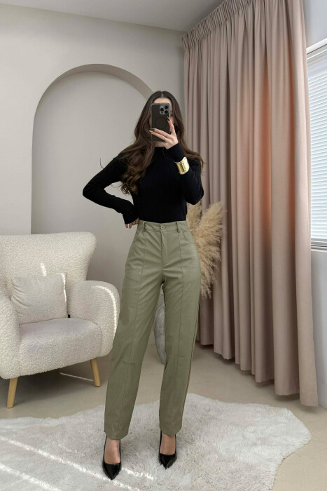 ONE COLOR SIMPLE LEATHER WOMEN TROUSERS OLIVE/ULLI - 3