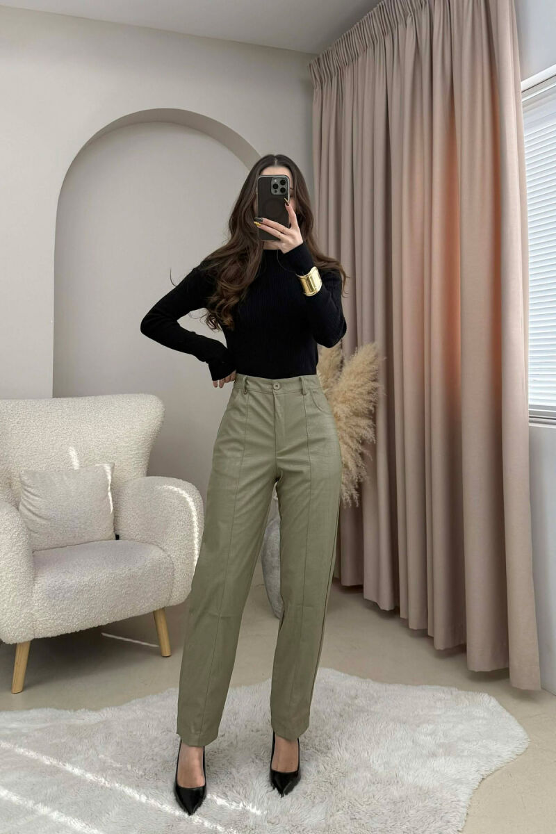ONE COLOR SIMPLE LEATHER WOMEN TROUSERS OLIVE/ULLI - 3