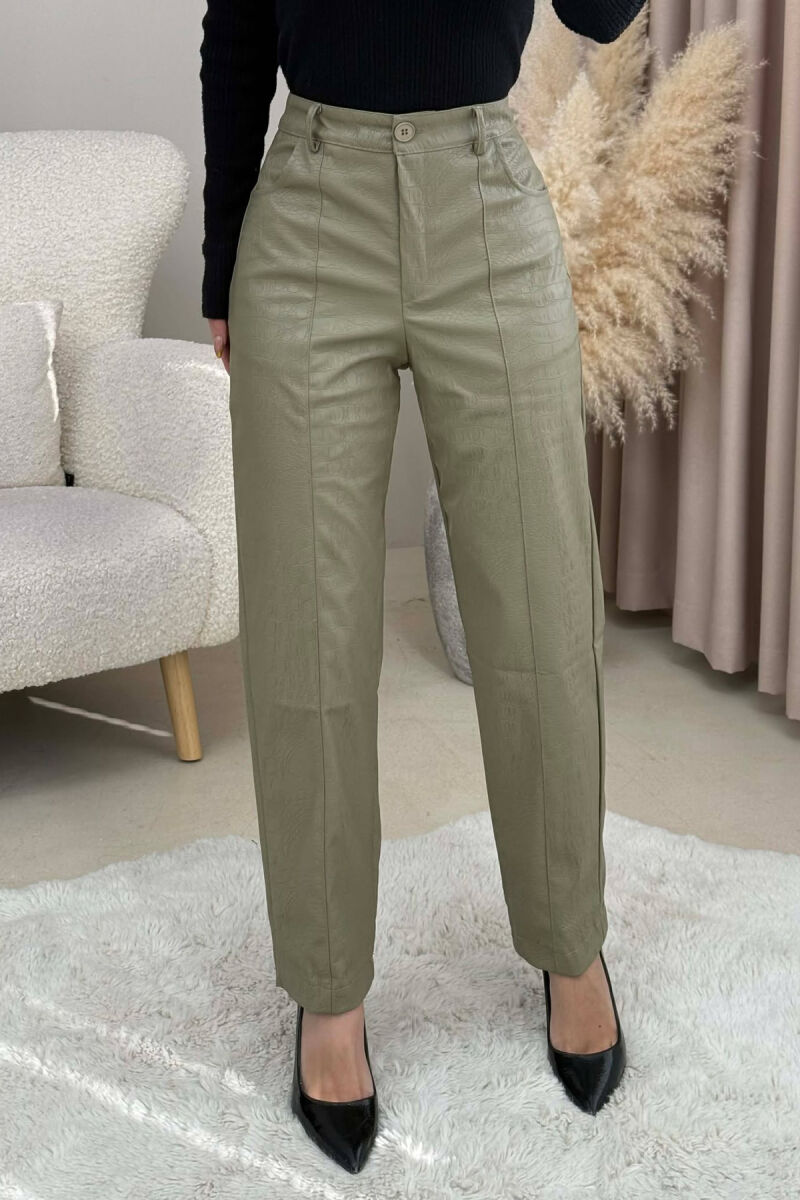 ONE COLOR SIMPLE LEATHER WOMEN TROUSERS OLIVE/ULLI - 2