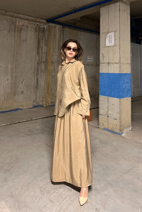 ONE COLOR SIMPLE LONG SLEEVE SHIRT+SKIRT WOMEN SET BEIGE/BEZHE 