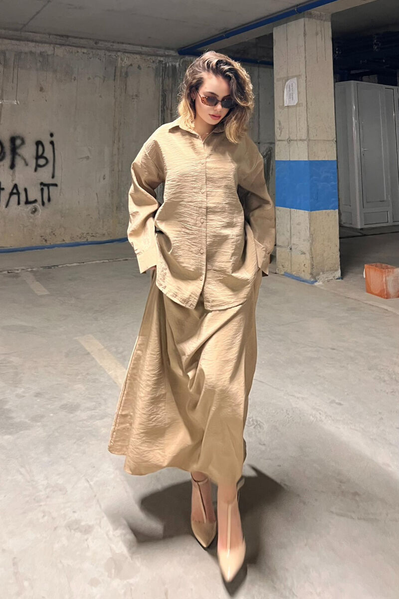 ONE COLOR SIMPLE LONG SLEEVE SHIRT+SKIRT WOMEN SET BEIGE/BEZHE - 2