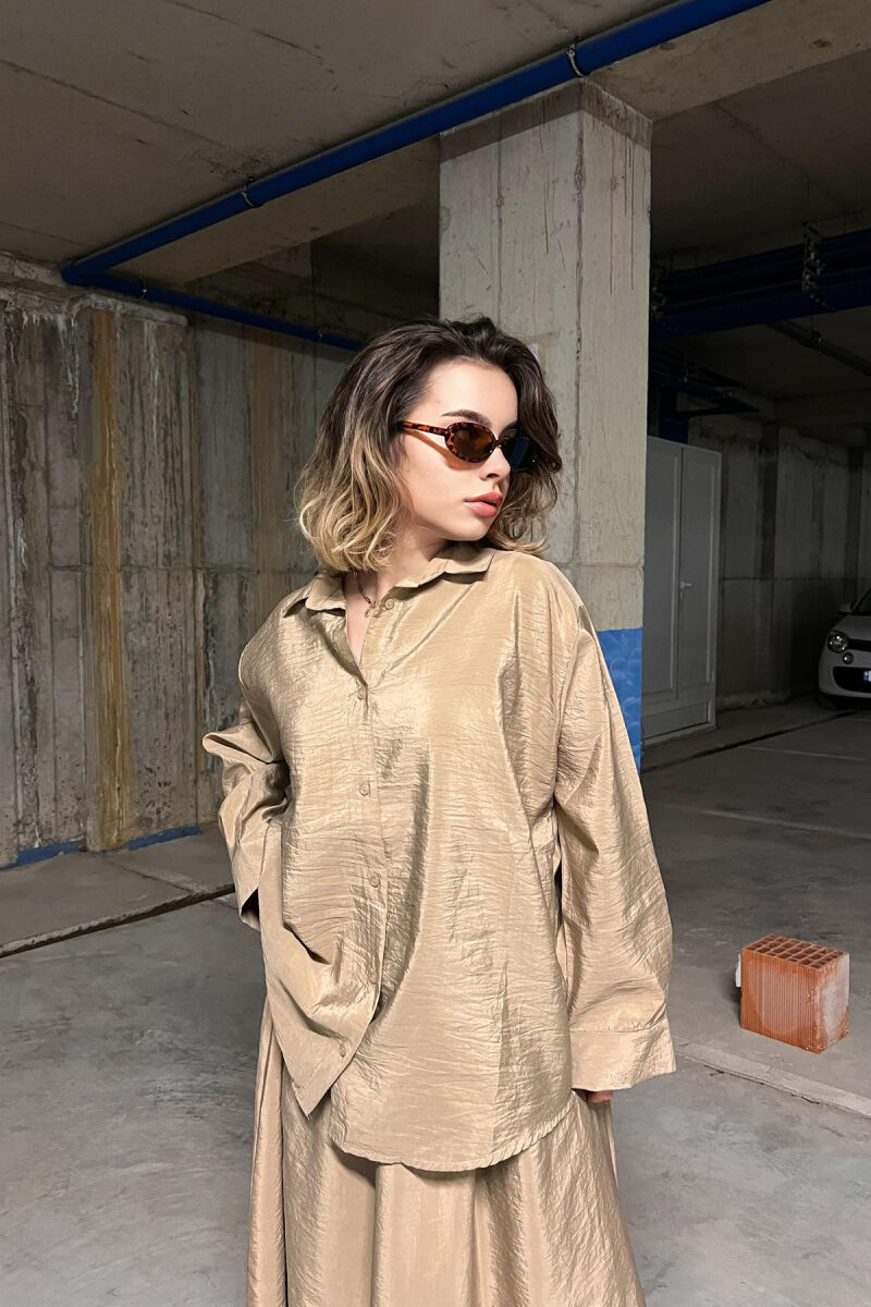 ONE COLOR SIMPLE LONG SLEEVE SHIRT+SKIRT WOMEN SET BEIGE/BEZHE - 4