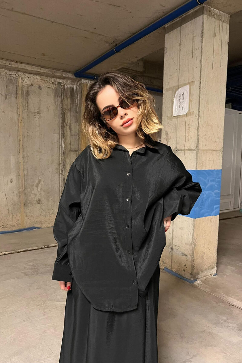 ONE COLOR SIMPLE LONG SLEEVE SHIRT+SKIRT WOMEN SET BLACK/ E ZEZE - 3