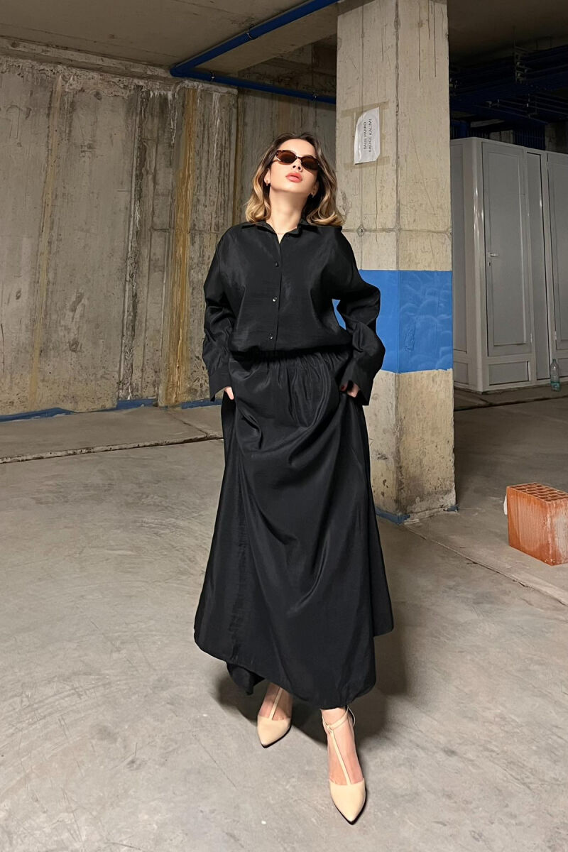 ONE COLOR SIMPLE LONG SLEEVE SHIRT+SKIRT WOMEN SET BLACK/ E ZEZE - 4