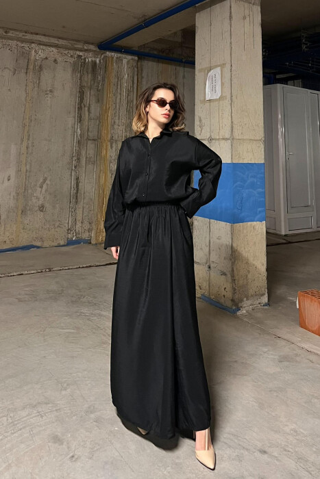 ONE COLOR SIMPLE LONG SLEEVE SHIRT+SKIRT WOMEN SET BLACK/ E ZEZE 