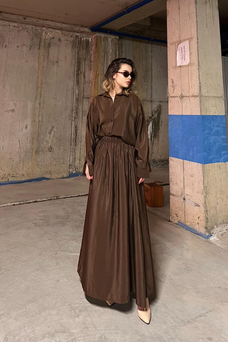 ONE COLOR SIMPLE LONG SLEEVE SHIRT+SKIRT WOMEN SET BROWN/KAFE - 1