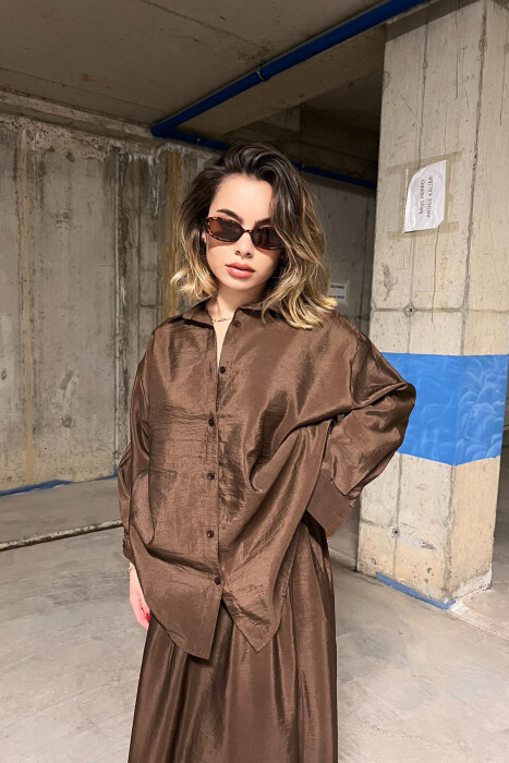 ONE COLOR SIMPLE LONG SLEEVE SHIRT+SKIRT WOMEN SET BROWN/KAFE - 2