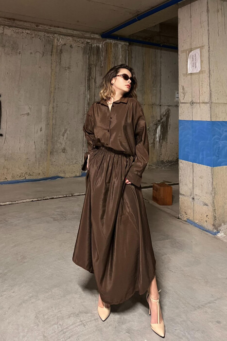 ONE COLOR SIMPLE LONG SLEEVE SHIRT+SKIRT WOMEN SET BROWN/KAFE - 3