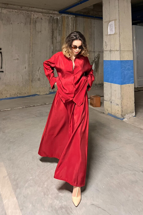 ONE COLOR SIMPLE LONG SLEEVE SHIRT+SKIRT WOMEN SET BURGUNDY/VISHNJE 
