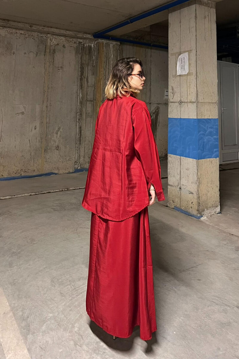 ONE COLOR SIMPLE LONG SLEEVE SHIRT+SKIRT WOMEN SET BURGUNDY/VISHNJE - 2