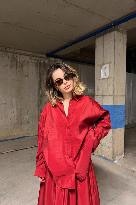 ONE COLOR SIMPLE LONG SLEEVE SHIRT+SKIRT WOMEN SET BURGUNDY/VISHNJE - 3