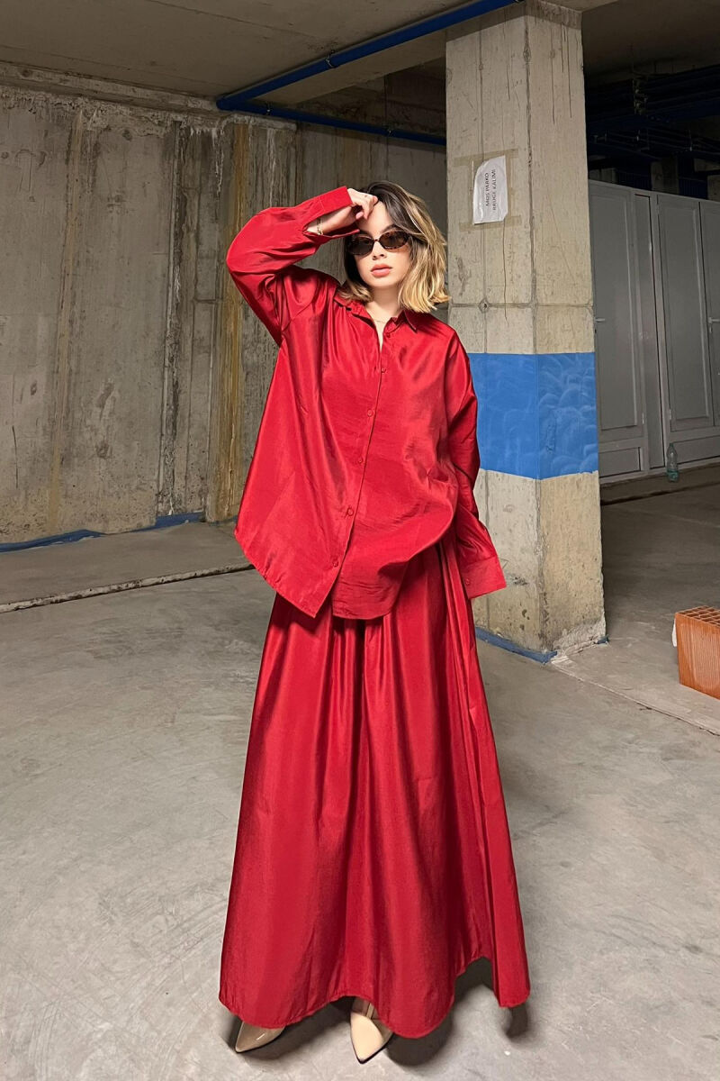 ONE COLOR SIMPLE LONG SLEEVE SHIRT+SKIRT WOMEN SET BURGUNDY/VISHNJE - 4