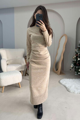 ONE COLOR SIMPLE LONG SLEEVE WOMEN DRESS BEIGE/BEZHE 