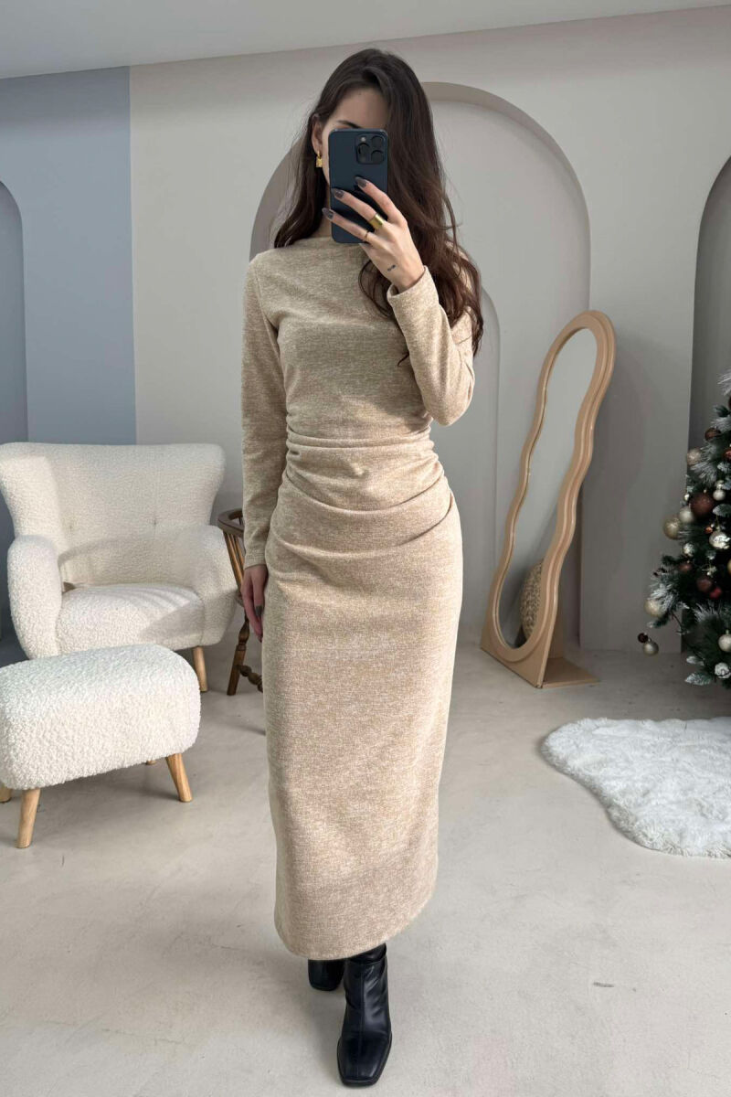 ONE COLOR SIMPLE LONG SLEEVE WOMEN DRESS BEIGE/BEZHE - 1