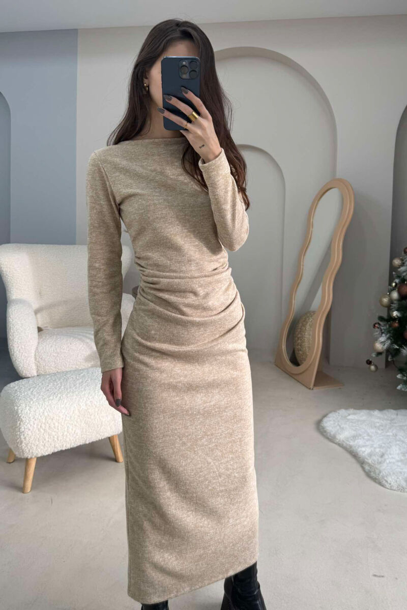 ONE COLOR SIMPLE LONG SLEEVE WOMEN DRESS BEIGE/BEZHE - 2