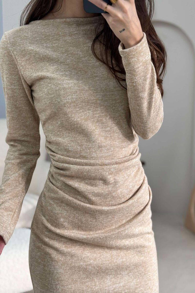 ONE COLOR SIMPLE LONG SLEEVE WOMEN DRESS BEIGE/BEZHE - 3