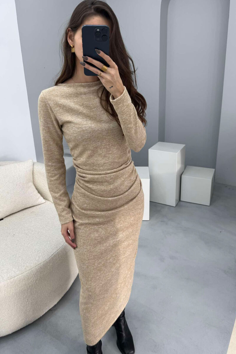 ONE COLOR SIMPLE LONG SLEEVE WOMEN DRESS BEIGE/BEZHE - 4