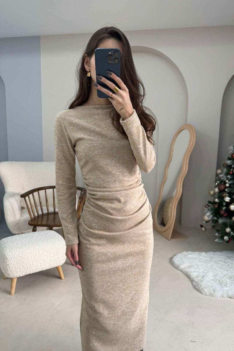 ONE COLOR SIMPLE LONG SLEEVE WOMEN DRESS BEIGE/BEZHE - 5