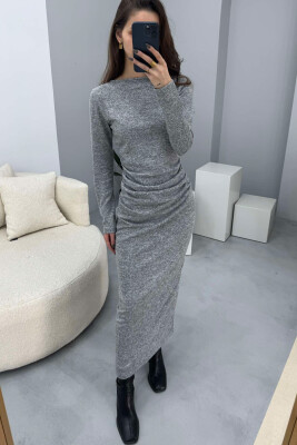 ONE COLOR SIMPLE LONG SLEEVE WOMEN DRESS GREY/GRI 