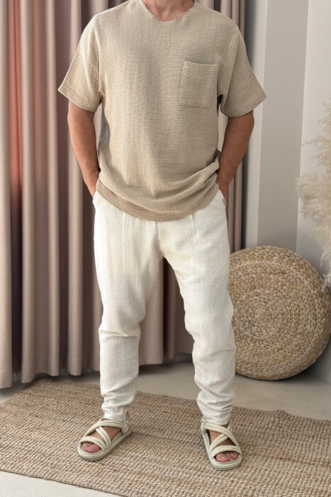 ONE COLOR SIMPLE MEN PANTS CREAM/KREM - KLAUDIO FASHION
