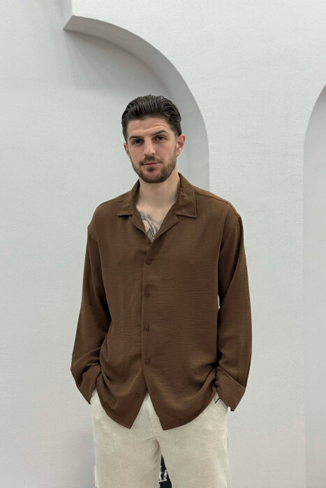 ONE COLOR SIMPLE MEN SHIRT BROWN/KAFE - KLAUDIO FASHION