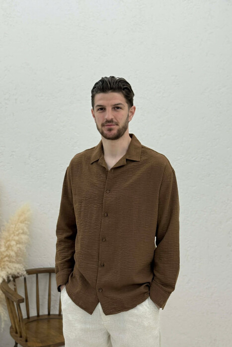 ONE COLOR SIMPLE MEN SHIRT BROWN/KAFE - KLAUDIO FASHION