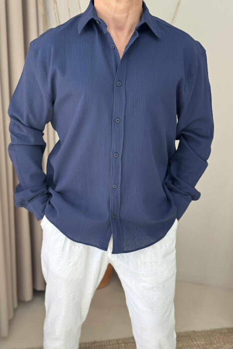 ONE COLOR SIMPLE MEN SHIRT DARK BLUE/BEE - KLAUDIO FASHION