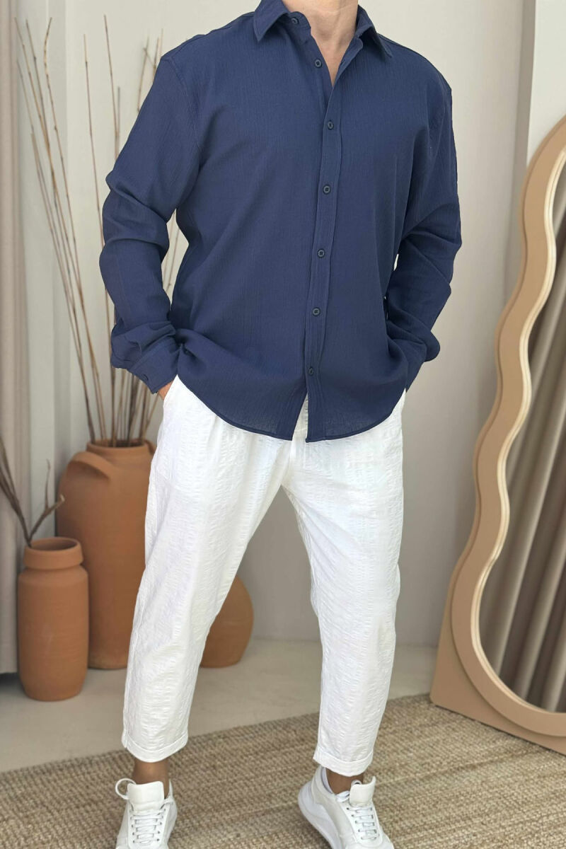 ONE COLOR SIMPLE MEN SHIRT DARK BLUE/BEE - 4