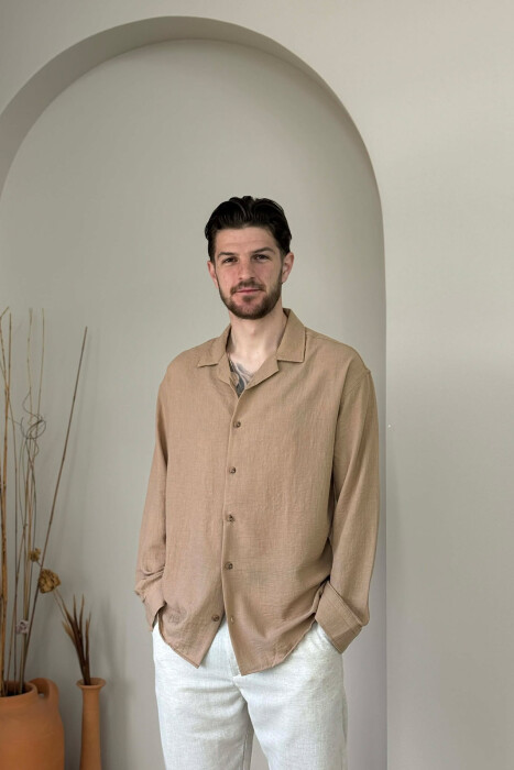 ONE COLOR SIMPLE MEN SHIRT LIGHT BROWN/KAZB - KLAUDIO FASHION