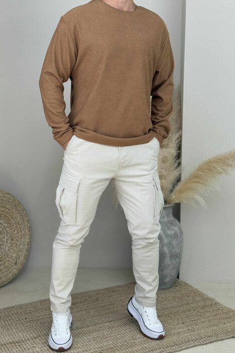 ONE COLOR SIMPLE MEN SWEATSHIRT LIGHT BROWN/KAZB - 1