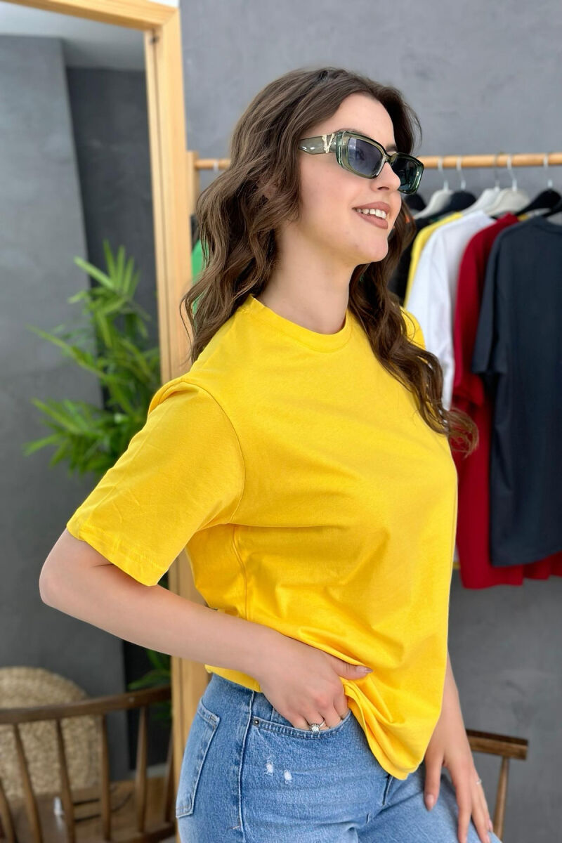 ONE COLOR SIMPLE WOMEN T-SHIRT DARK YELLOW/VEE - 3